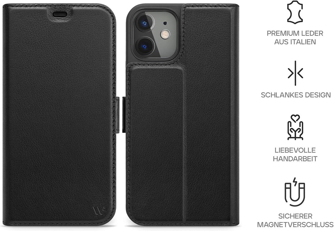 WIIUKA Hülle für iPhone 12 Mini, Lederhülle mit Vier Kartenfächern, extra Dünn, Premium Leder, Handy