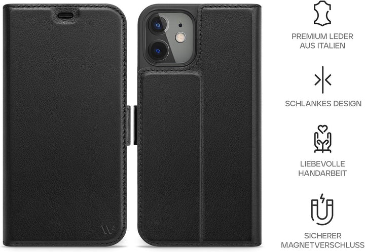WIIUKA Hülle für iPhone 12 Mini, Lederhülle mit Vier Kartenfächern, extra Dünn, Premium Leder, Handy