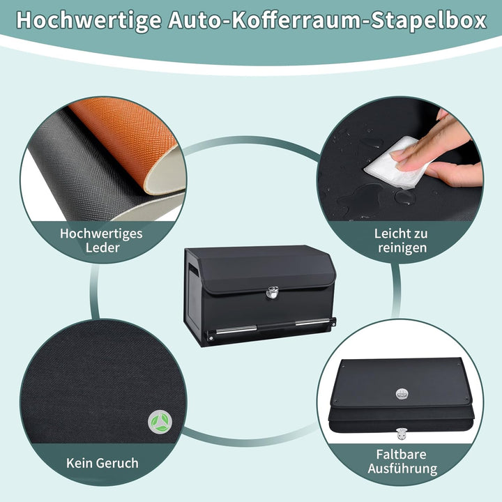 Premium Leder Auto Kofferraum Organizer mit Deckel & Stabilem Griff | 45L Multifunktionale Kofferrau