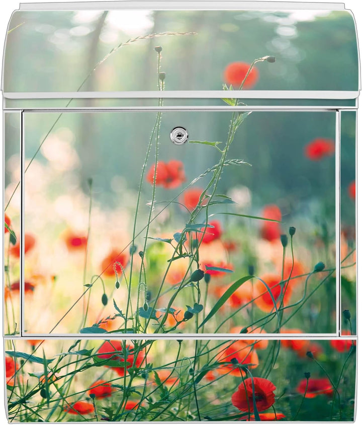 banjado® Design Briefkasten mit Motiv Waldmohn 39x47x14cm &amp; 2 Schlüssel - Briefkasten Stahl weiss mi