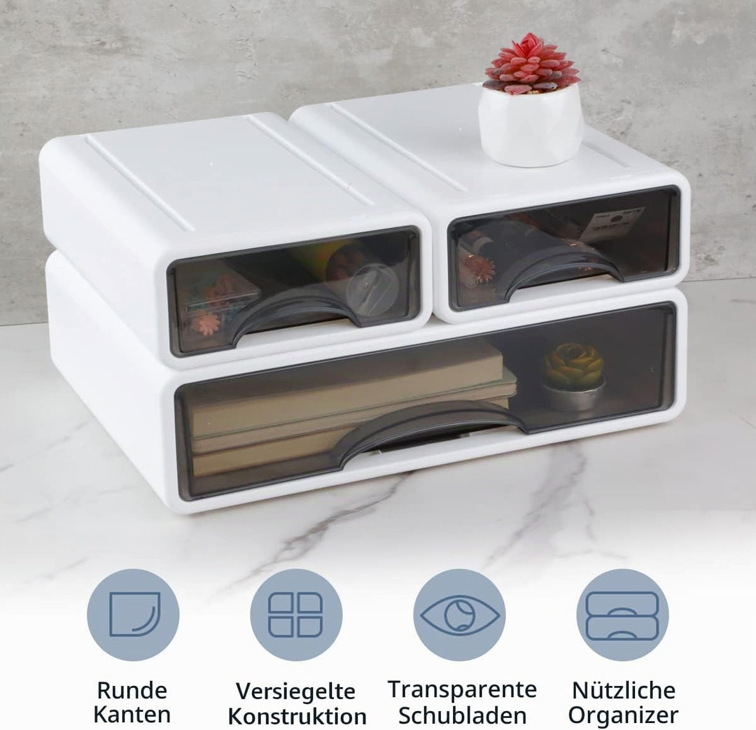 3Pcs Schreibtisch Organizer Schubladen, Stapelbare Desktop Aufbewahrungsbox mit 3 Schubladen, Büro S