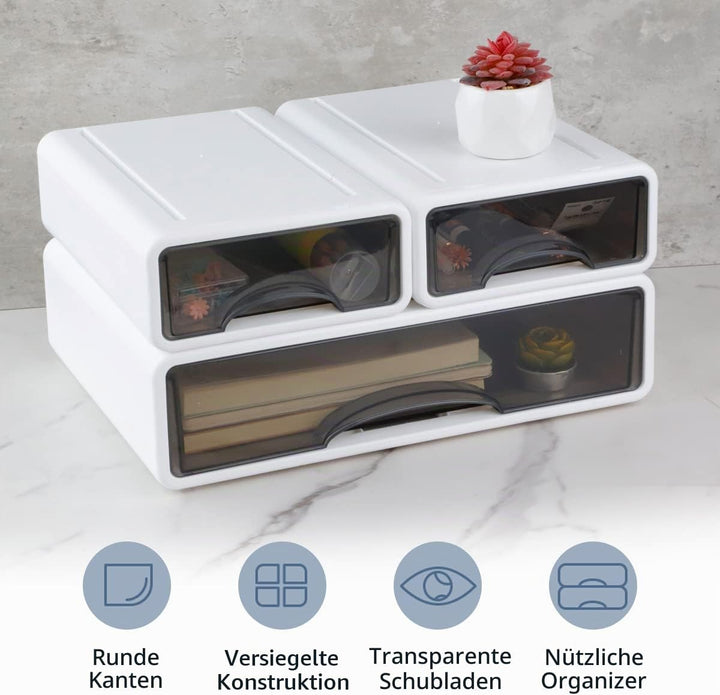 3Pcs Schreibtisch Organizer Schubladen, Stapelbare Desktop Aufbewahrungsbox mit 3 Schubladen, Büro S