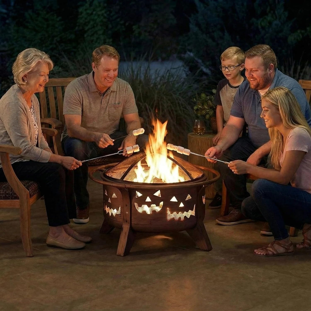 SUNJOY 76 cm Feuerstelle Outdoor Holzfeuerstelle Terrasse Jack-o-Lantern Motiv Runde Stahl Grosse Fe
