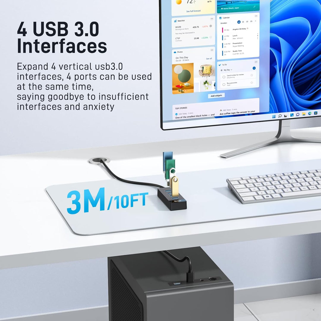 3m USB 3.0 Hub 4 Port 5Gbps Geschwindigkeit & 5V USB-C Stromversorgung – USB Hub Splitter für Büro,