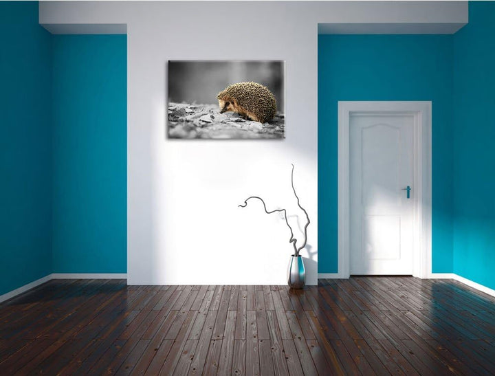 kleiner süsser Igel im Laub schwarz/weiss Format: 100x70 auf Leinwand, XXL riesige Bilder fertig ger