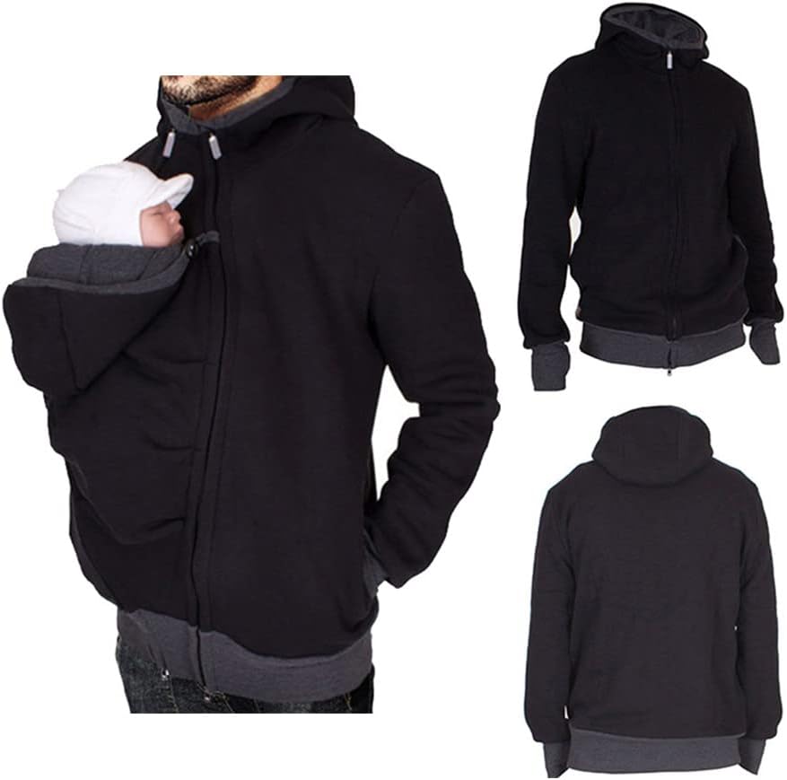amropi Känguru Hoodie Babytrage Männer Pullover Winter Warme Babytrage Mantel Schwarz,L