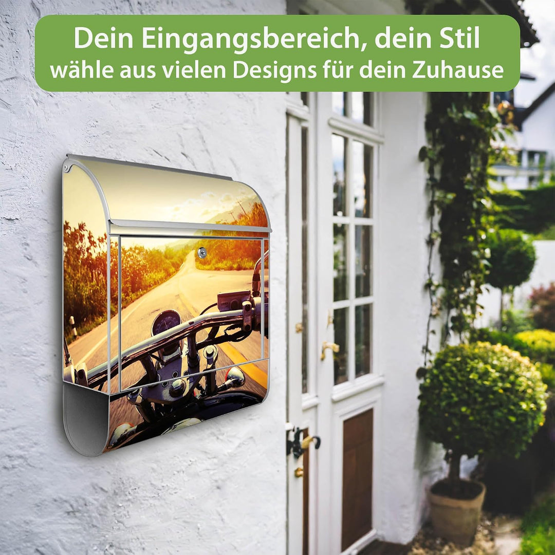 banjado® Design Briefkasten mit Motiv Easy Rider 39x47x14cm &amp; 2 Schlüssel - Briefkasten Stahl Silber