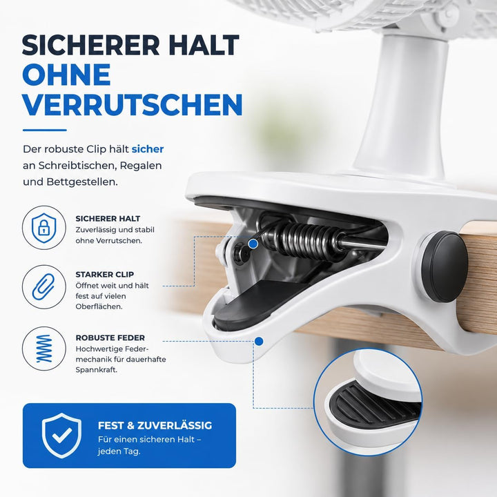 2 in 1 Leiser Tischventilator mit Clip & Ständer (20 cm) mit 90° Schwenkfunktion Ventilator – tragba