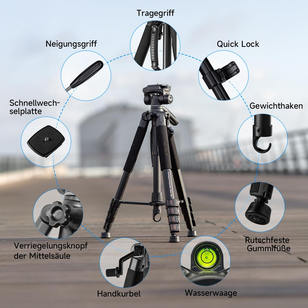 Rollei Compact Traveler Star S4, 188cm Kamera Stativ Leicht Kompakt aus Aluminium Fotostativ mit Kug