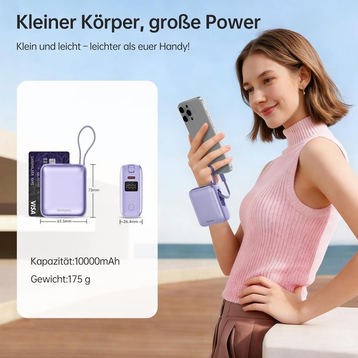 Hichain Power Bank Klein, 10000mAh 22,5W Powerbank USB C Schnellladen mit Integriertem USB-C Kabel,