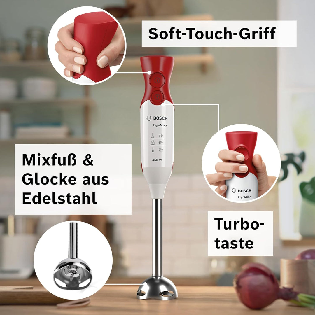 Bosch Hausgeräte Stabmixer ErgoMixx MSM66110, Edelstahl-Mixfuss, Mix- und Messbecher, 2 Geschwindigk