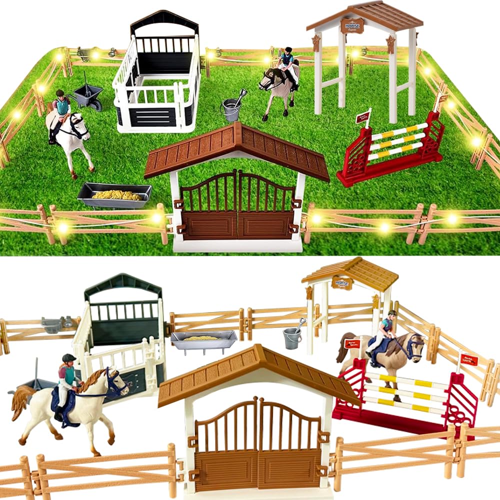Pferdestall Spielzeug Pferde,Pferdekoppel Pferdestall,Spielzeug Set mit LED Licht,Horse Spielset Pfe