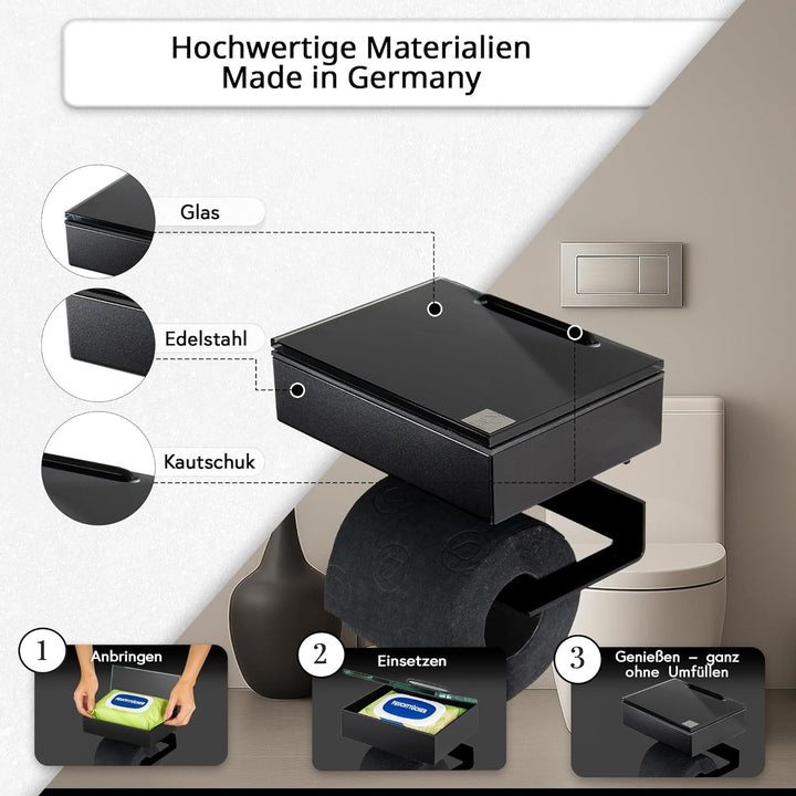 Toilettenpapierhalter mit Feuchttücherbox - Gehäuse Schwarz & Abdeckung Glas Schwarz - befüllbar von