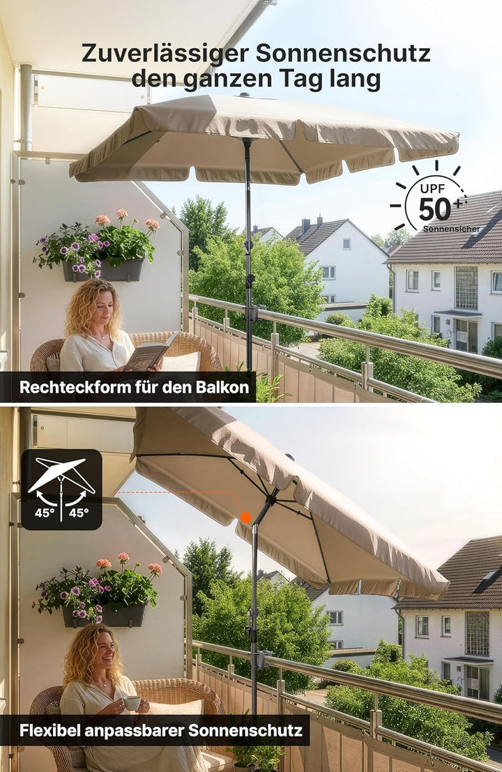 4smile Sonnenschirm Balkon mit Halterung im 3-er-Set, Sonnenschirm rechteckig 200x125 cm, Balkonschi