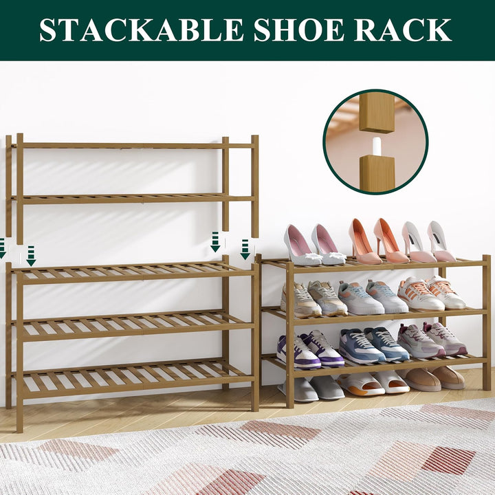 smiry Schuhregal aus Bambus, Schuhregal Platzsparend mit 2 Ebenen, Erweiterbar Stapelbar Shoe Rack,