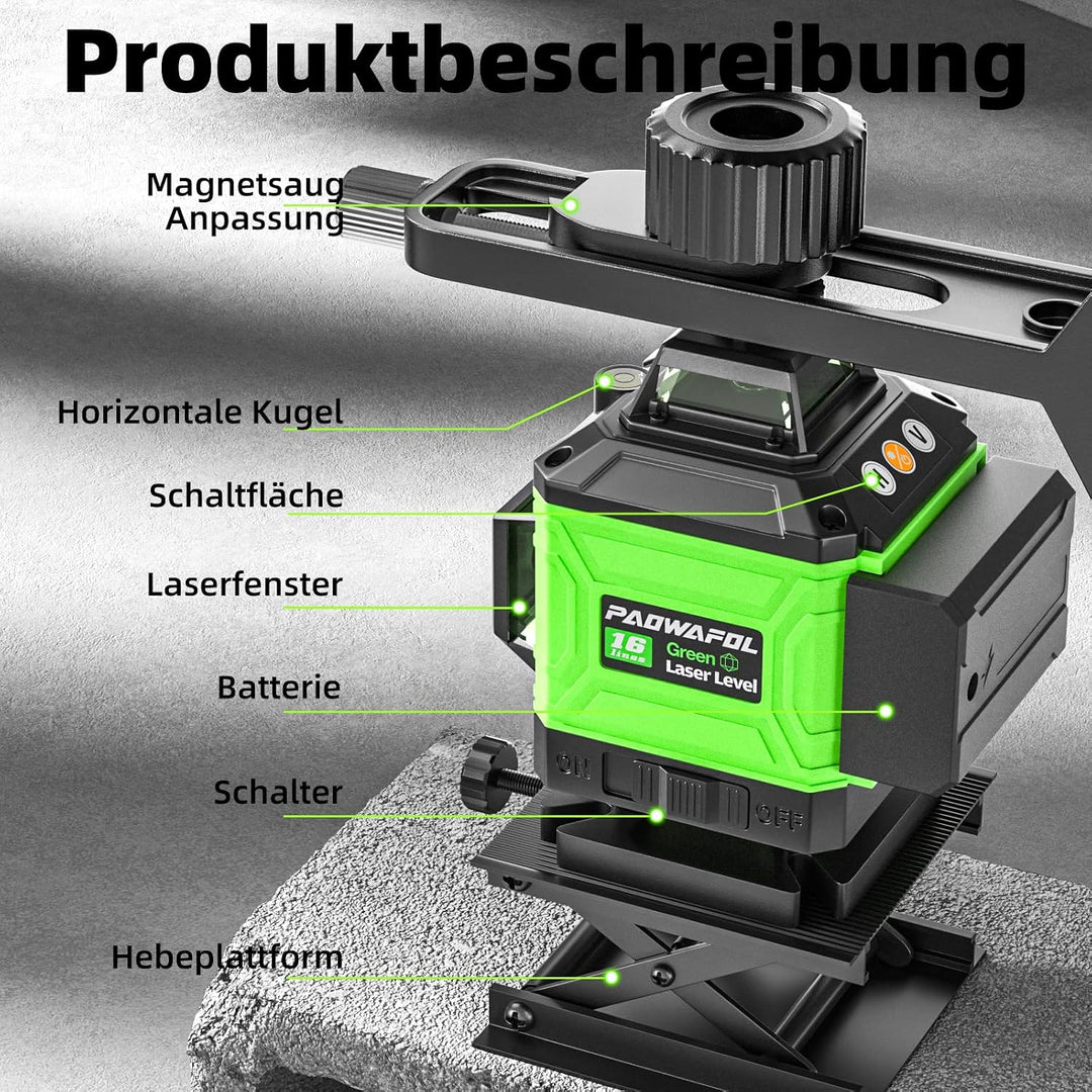 Kreuzlinienlaser Grün 4D 16 Linien Nivellierlaser mit Stativ, 4 * 360° Laser wasserwaage, linienlase