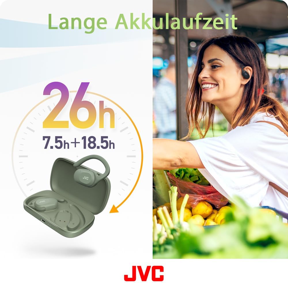 JVC Nearphones HA-NP40T-G, True Wireless Ohrhörer, Open Ear Design, Verstellbarer Ohrbügel, 16 mm Tr