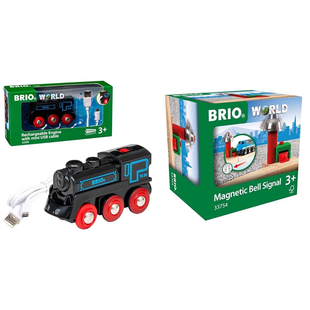 BRIO 33599 - Akku Lok mit Mini USB, bunt & World 33754 - Magnetisches Glockensignal – Eisenbahnzubeh