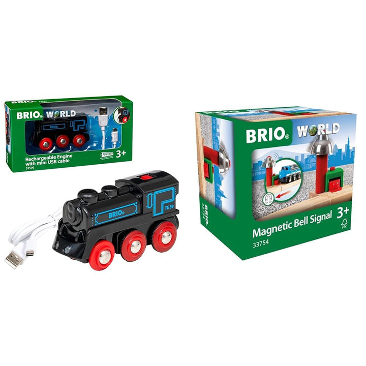 BRIO 33599 - Akku Lok mit Mini USB, bunt & World 33754 - Magnetisches Glockensignal – Eisenbahnzubeh