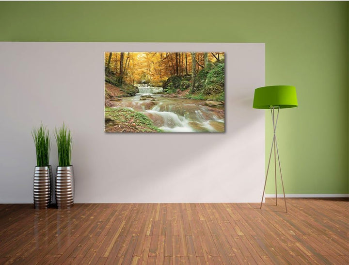 Pixxprint Waldbach im Herbst als Leinwandbild/Grösse: 120x80 cm/Wandbild/Kunstdruck/fertig bespannt,