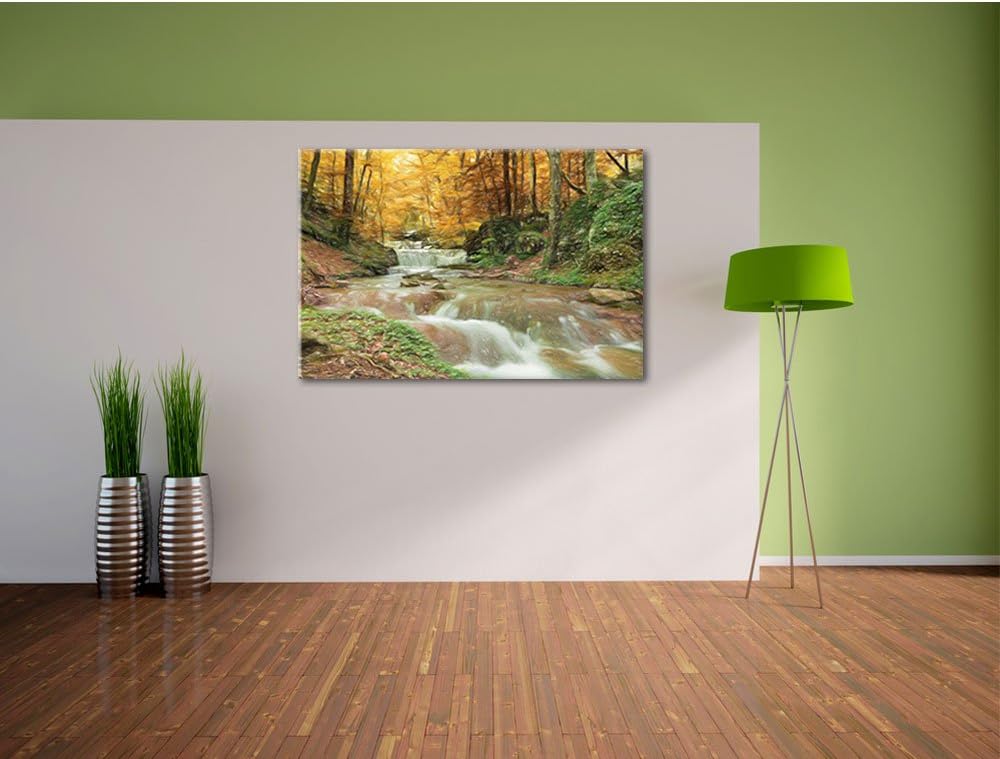Pixxprint Waldbach im Herbst als Leinwandbild/Grösse: 100x70 cm/Wandbild/Kunstdruck/fertig bespannt,