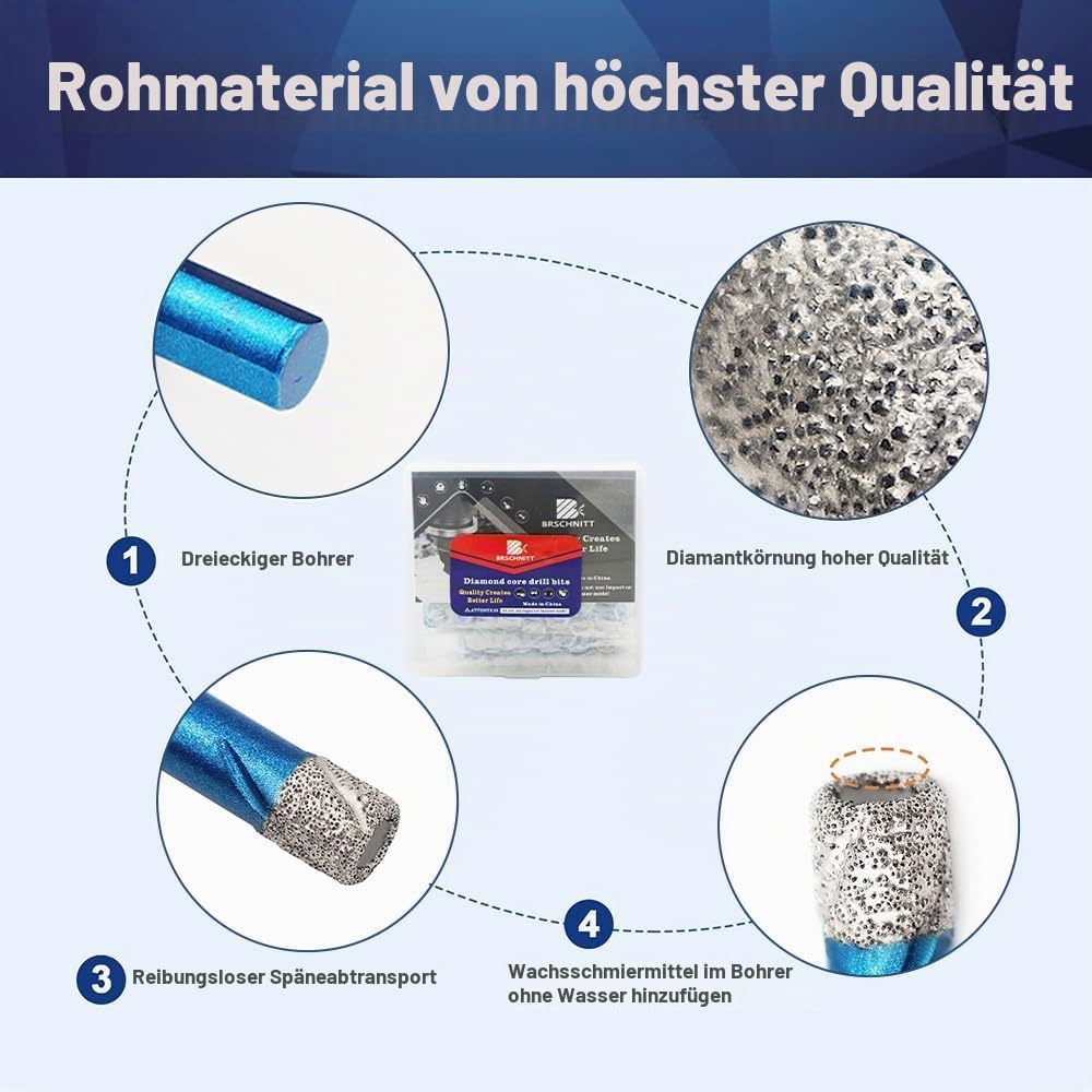 Diamantbohrer Fliesenbohrer Set - BRSCHNITT 6/6/8/10mm Diamant Bohrkrone - Lochsäge für Keramik,Gran
