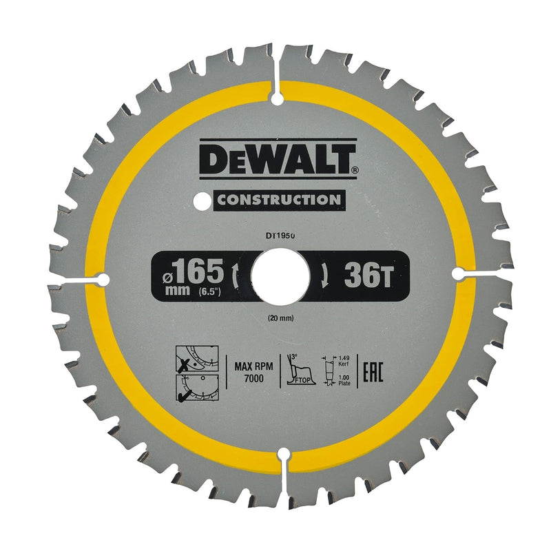 Dewalt Bau-Kreissägeblatt Construction für Akku-Handkreissäge DT1950 (165/20mm 36WZ, 20° Zahnwinkel,