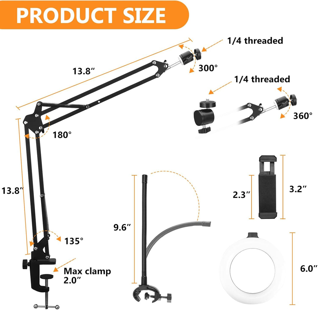Overhead Stativ Handy mit 6-Zoll-Ringlicht, Metallarm und Tischklemme | 60 LEDs, 3 Lichtfarben, 10 H