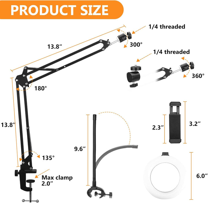 Overhead Stativ Handy mit 6-Zoll-Ringlicht, Metallarm und Tischklemme | 60 LEDs, 3 Lichtfarben, 10 H