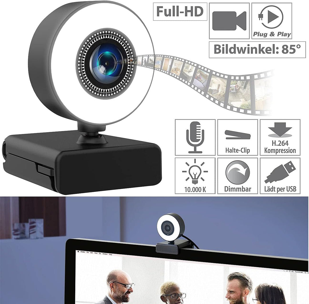 Somikon Webcam mit Licht: Full-HD-USB-Webcam mit LED-Ringlicht, Autofokus, Dual-Mikrofon, H.264 (Kam