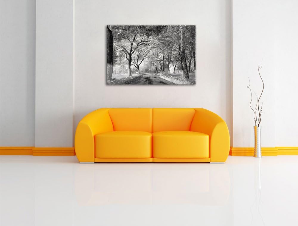Pixxprint Baumallee im Winter Kohle Zeichnung Effekt, Format: 100x70 auf Leinwand, 100x70