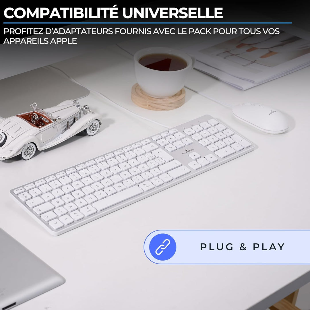 Bluestork - Pack Mac Tastatur und Maus für Mac Weiss USB-C & USB-A, AZERTY