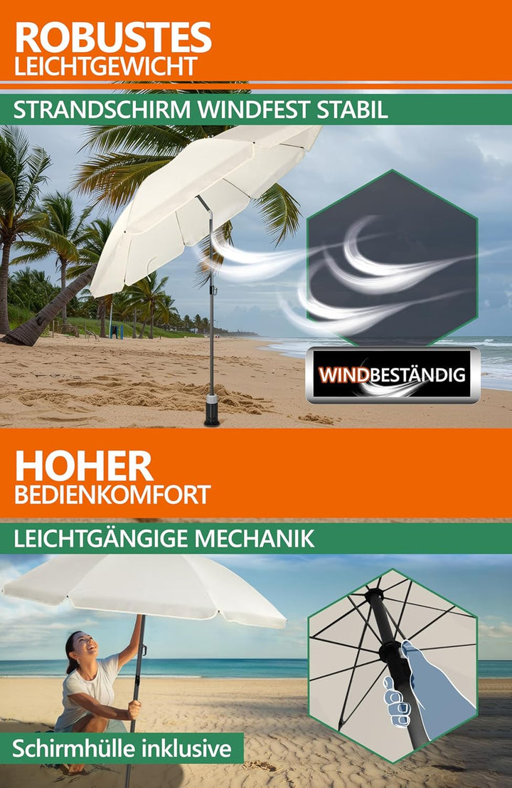 4smile Sonnenschirm Strand SunnyJoy 3-IN-1-SET, Fb. Beige - Strandschirm Ø 180 cm + Bodenhülse + Sch