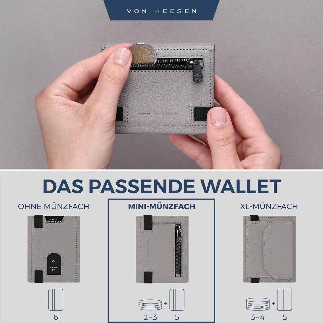 VON HEESEN Slim Wallet mit Münzfach & RFID-Schutz - Leder Geldbeutel - Mini Geldbörse für Herren und