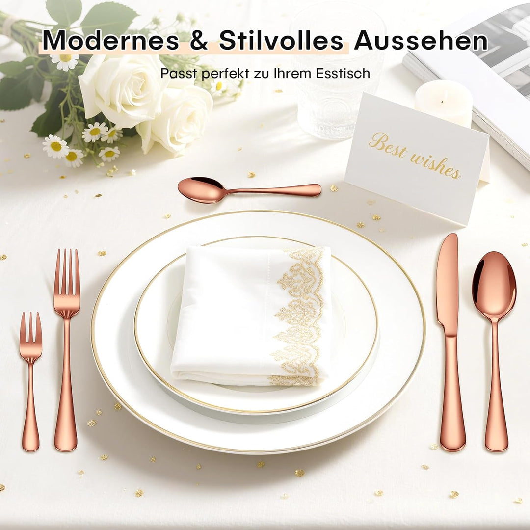 HONKKU Besteck Set 6 Personen, 30 Teilig Roségold Besteckset mit Messer Gabel Löffel, Essbesteck Set
