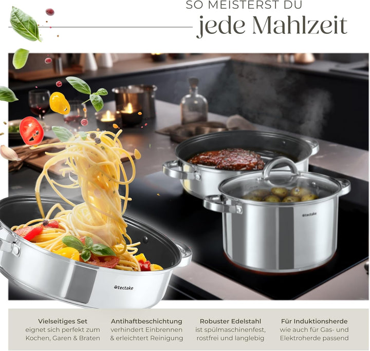 tectake® 15-tlg. Topfset, Edelstahl Kochgeschirr, Bratpfanne und Töpfe Set mit Deckel, Kochtopf Set