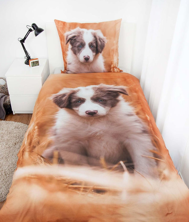 Klaus Herding GmbH Bettwäsche Set mit Hund Welpe135 x 200 cm 80 x 80 cm 100% Baumwolle