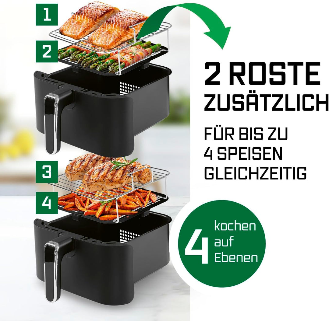 GOURMETmaxx FryUp Vertikale Doppelkammer Heissluftfritteuse | Airfryer 10 Liter | 4 Speisen auf 4 Eb
