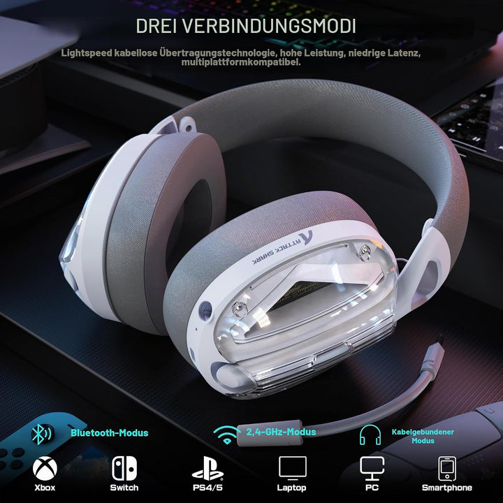 ATTACK SHARK L60 Kabelloses Gaming-Headset, 2,4G/BT/3,5mm-Kabel-Weiss | Ultraleichter Kopfhörer mit