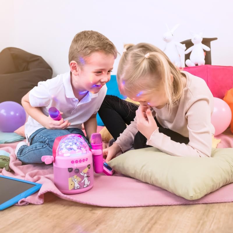 GOGEN Disco Kinder‑Bluetooth‑Party‑Lautsprecher I 6,5W I Karaoke mit 2 Mikrofonen I Licht‑Effekte I