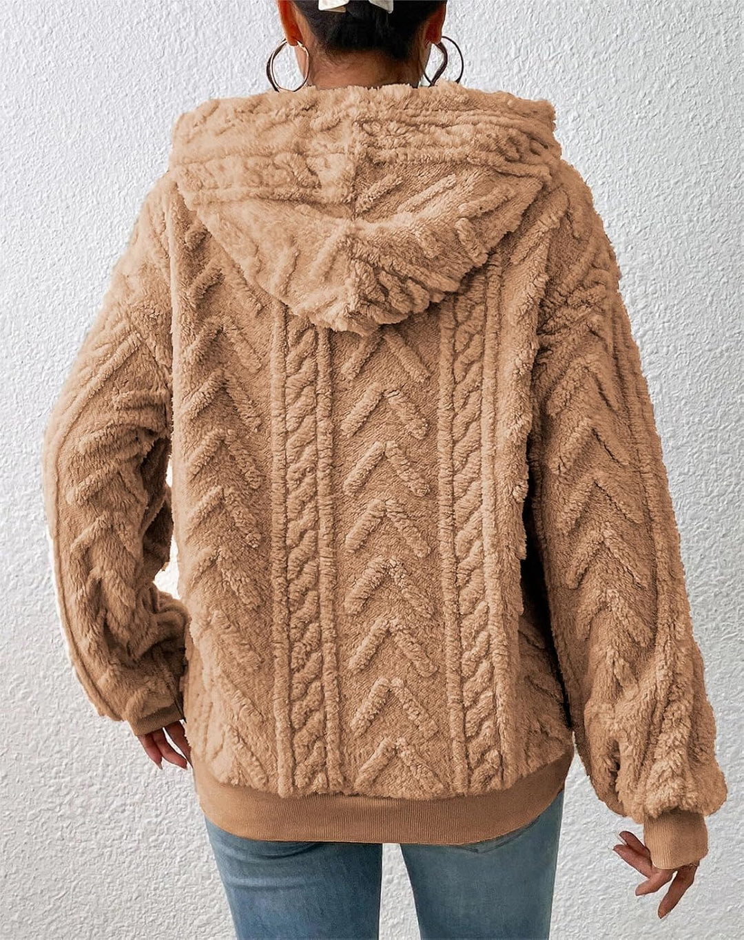 Zetieny Hoodie Damen Kapuzenpullover Teddy Fleece Double Fuzzy Fluffy Jacquard Pullover Lässiges War