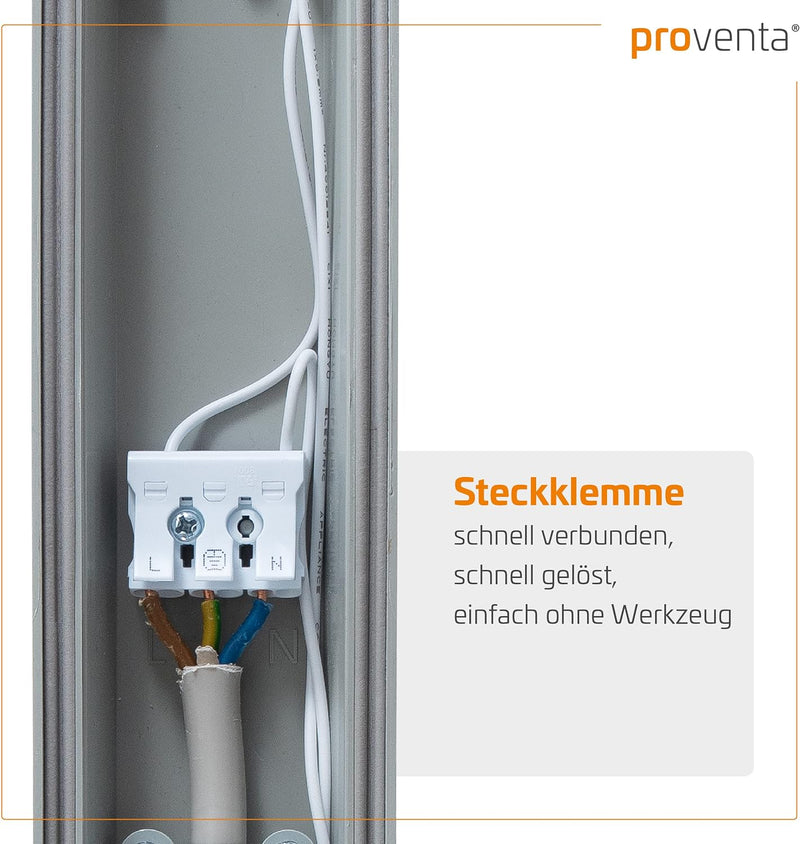 proventa IP65 LED-Feuchtraumleuchte 120cm mit 18W LED-Röhre 2.160 Lumen Klappdeckel Steckklemme Kabe