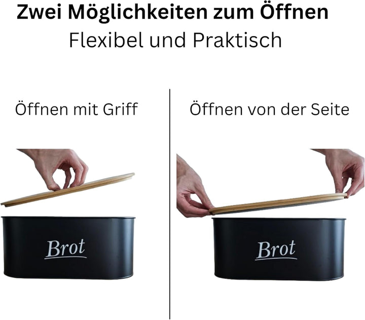 Brotkasten aus Metall mit multifunktionalem Bambusdeckel & Luftlöchern - Brotbox Schwarz für lange F
