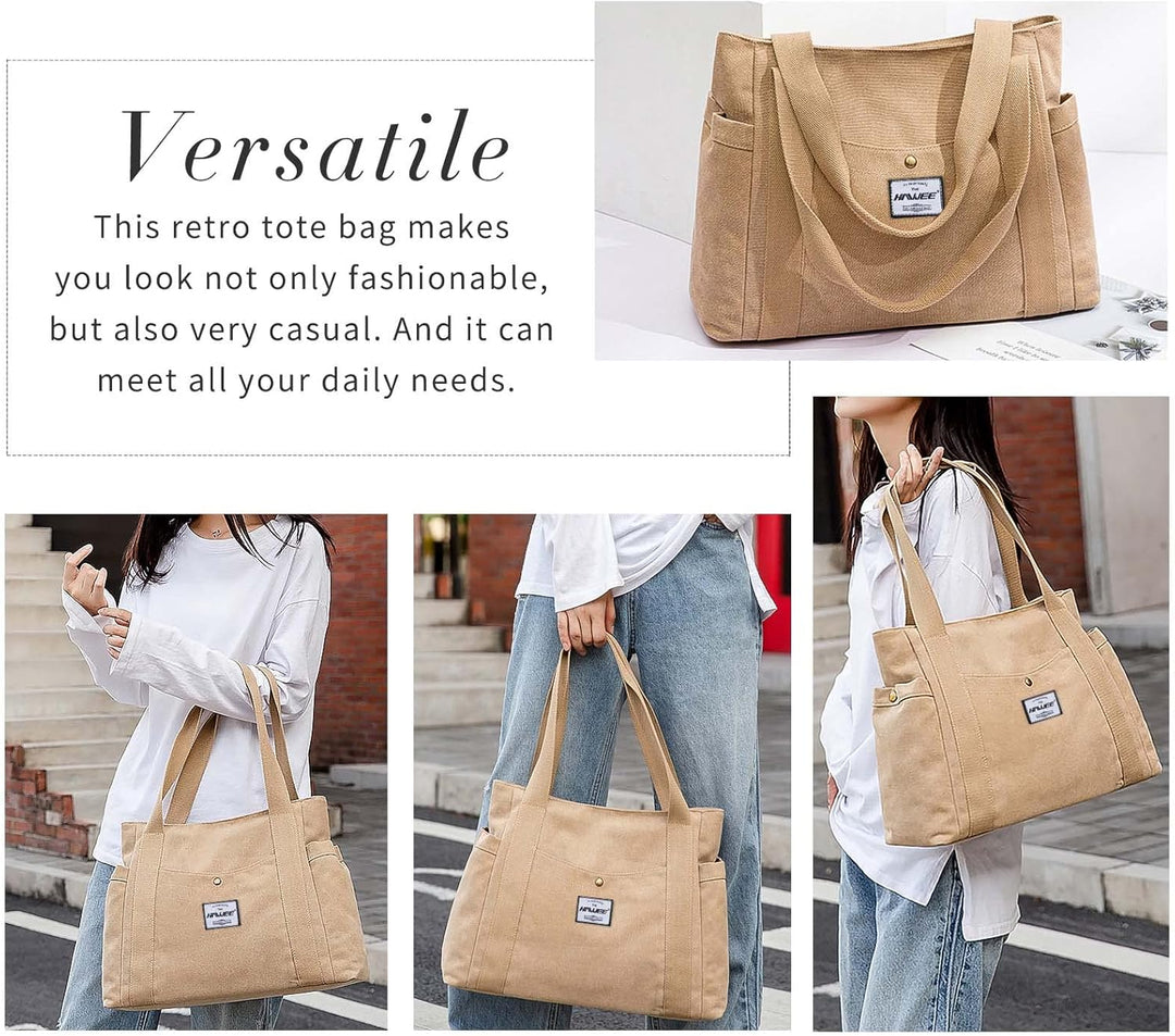 HAWEE Canvas Damen Handtasche Shopper Tote Bag Grosse Schultertasche mit Reissverschluss Umhängetasc