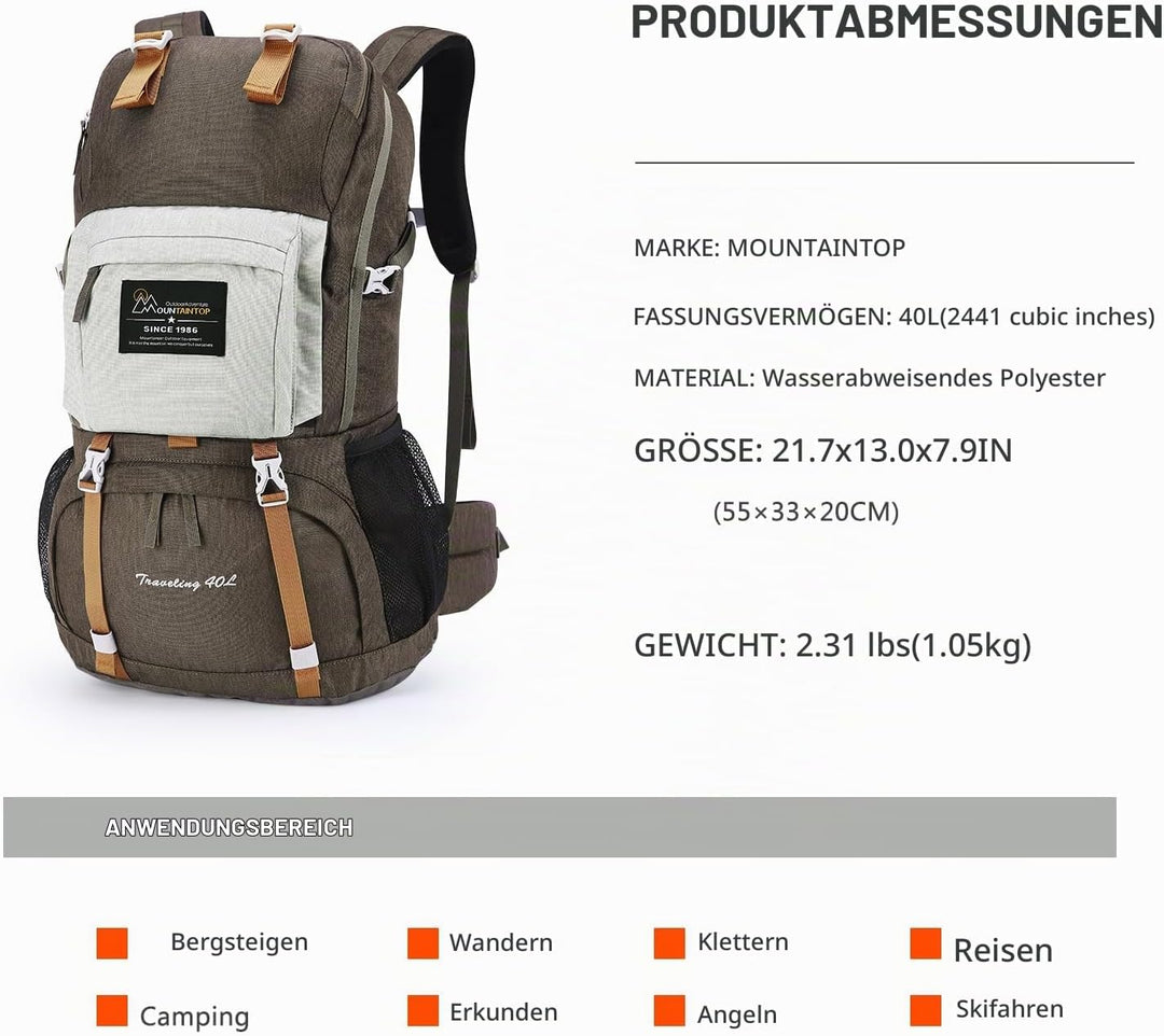 Mountaintop 40L Wanderrucksack Herren Damen mit Regenhülle für Reisen 40 Liter Braun, 40 Liter Braun