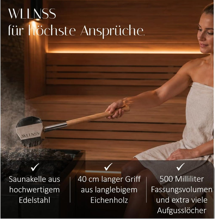 Saunakelle mit Regeneffekt 500 ml – Grosse Edelstahl Aufgusskelle mit langem Holzgriff – Gleichmässi