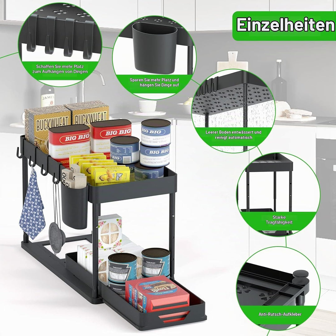 SKYSER Unter Waschbecken Regal Küche Organizer 2-stöckiger Schubladen-Organizer Anhebbares Schrank O