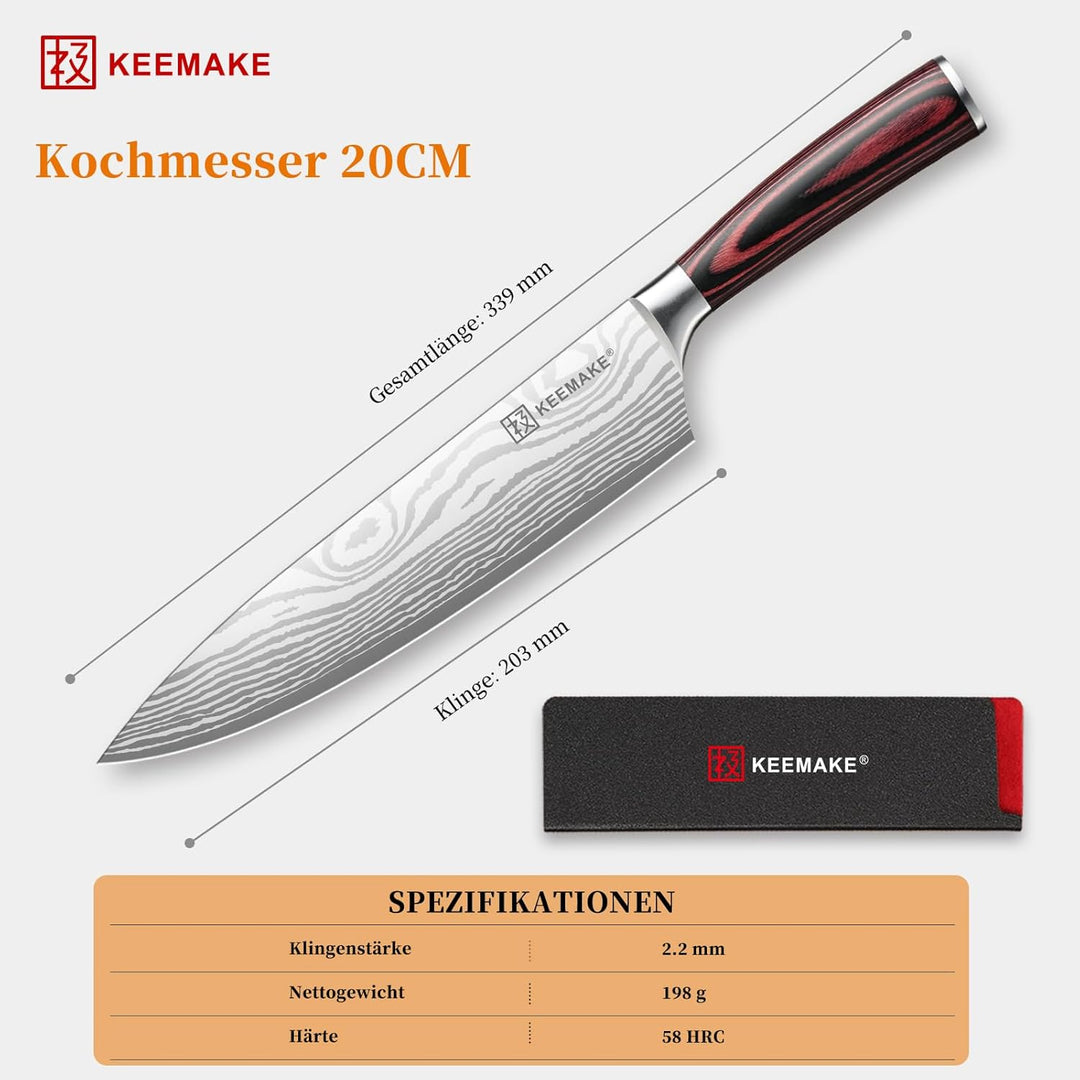 KEEMAKE Küchenmesser Kochmesser 20cm, Profi Messer Küche aus Edelstahl mit Klingenschutz, Scharf Fle