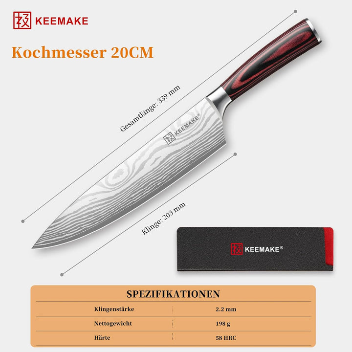 KEEMAKE Küchenmesser Kochmesser 20cm, Profi Messer Küche aus Edelstahl mit Klingenschutz, Scharf Fle