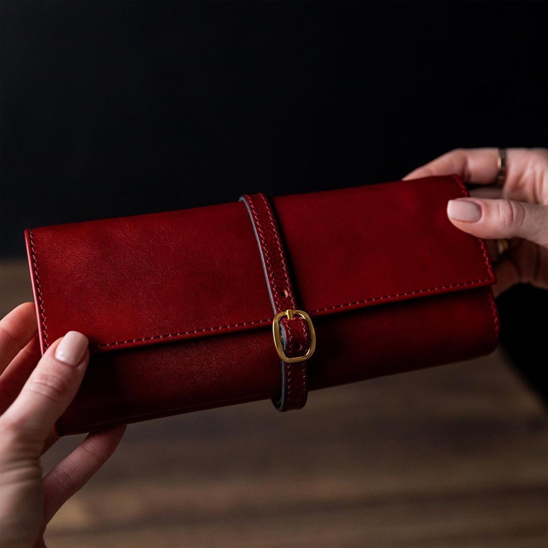 Time Resistance Rot Leder Schmuck Organizer – 100% Leder Schmuckrolle für Reisen Hergestellt in Ital